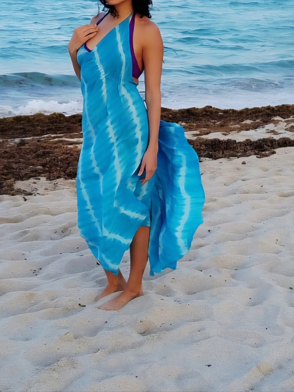 Viola Parrocchetti Silk Blue Flowy Beach Cover Up Halter Dress Size S